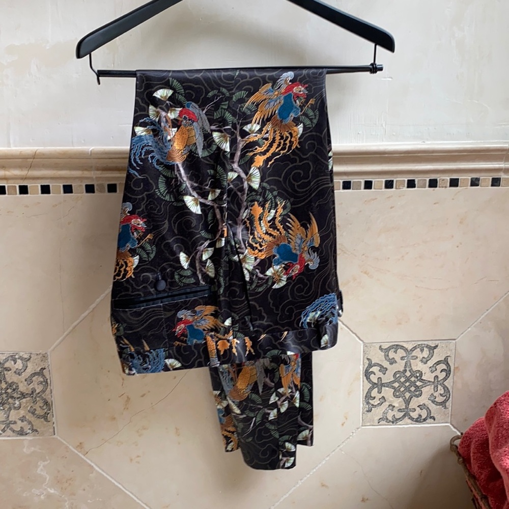 Zara “Oriental” print silky tuxedo pants